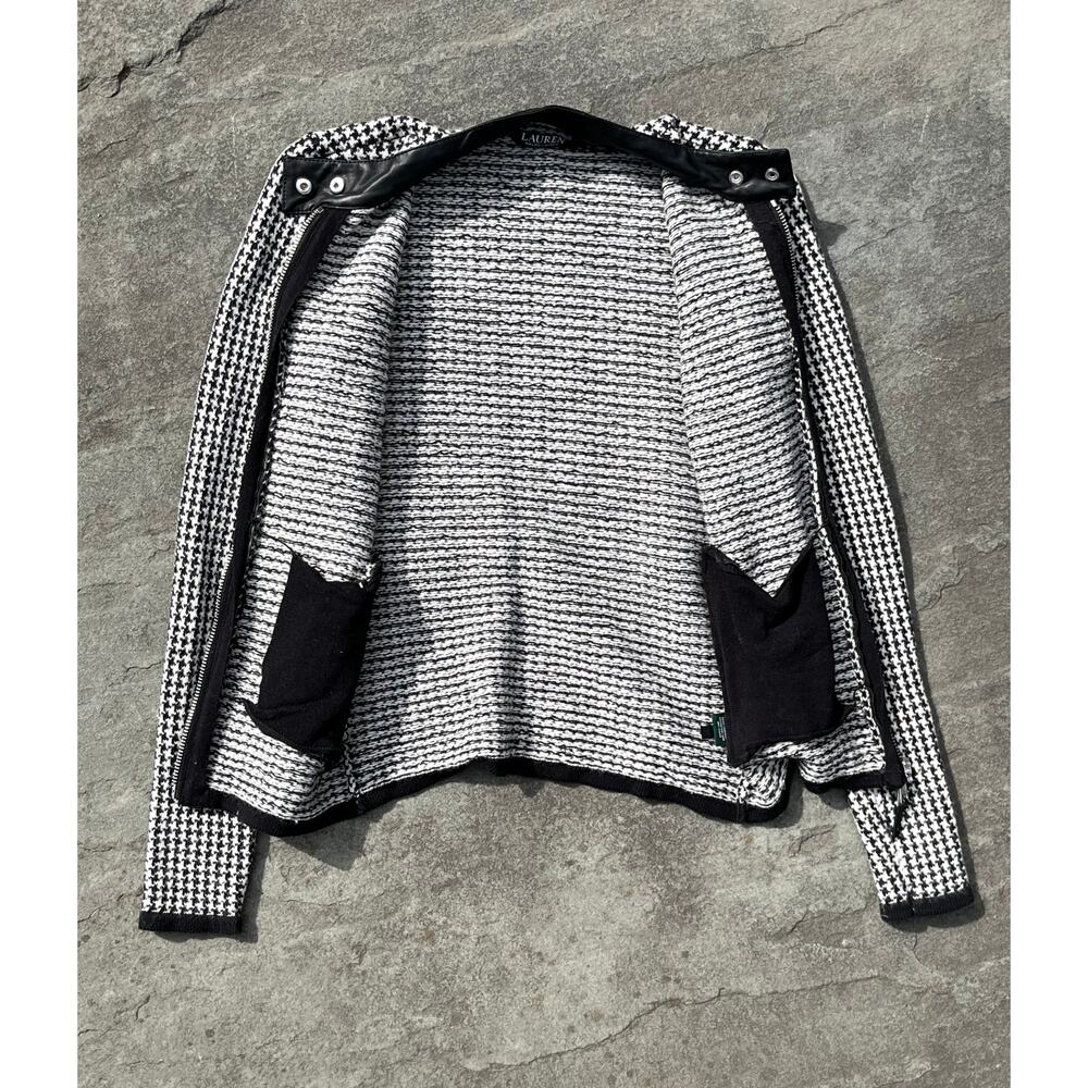 Lauren Ralph Lauren Houndstooth Moto Jacket Small Black White Faux Leather Trim - Picture 3 of 5